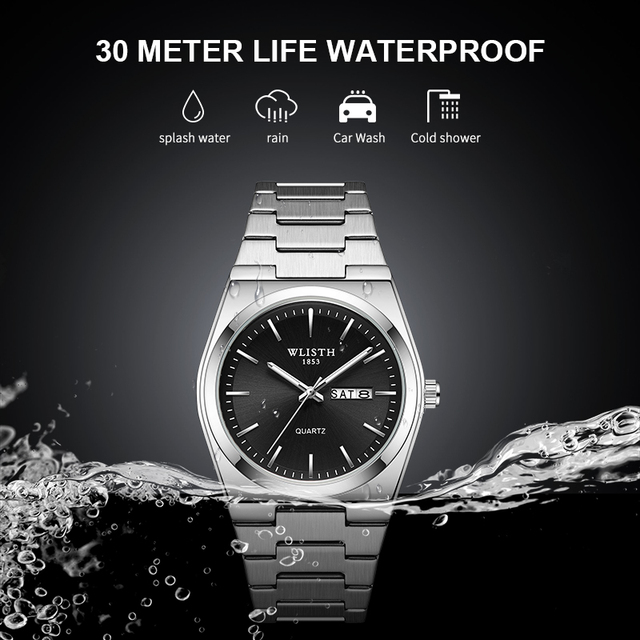 WLISTH 1853 Men's Business Quartz Watch, Stainless Steel Bracelet, Dual Time Display, Waterproof Casual Watch