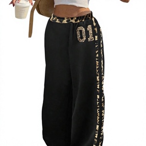 Pantalones anchos con estampado de leopardo negro para mujer, cintura alta, elásticos, holgados, informales, de longitud completa, con raya lateral y 01 - Product Image 1
