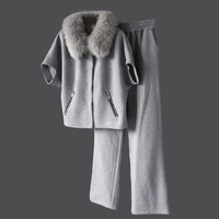 Ensemble de survêtement en tricot de luxe à deux pièces, pantalon long et doux, col en vraie fourrure de renard, pull et pantalon en laine mélangée pour femmes, sur mesure