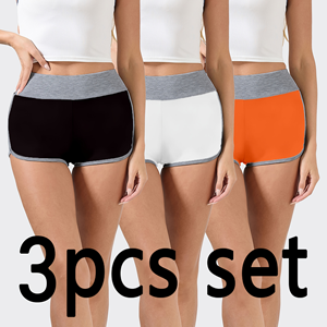 Conjunto de 3 piezas: Top corto acanalado con cuello halter + pantalones cortos de yoga de cintura alta (negro/blanco/naranja) para entrenamiento y uso casual - Product Image 1