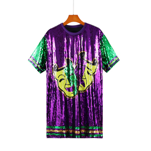 Ingrosso abito da t-shirt con paillettes brillanti Plus-Size Mardi Gras fatto a mano girocollo scintillante Look Sexy al ginocchio Jersey - Product Image 2