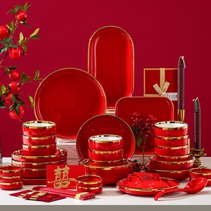 Juego de Vajilla de Cerámica Roja de Año Nuevo, Personalizado, Único, para Restaurante, Hotel, Estilo Europeo, Venta al por Mayor, con Bordes Dorados - Product Image 3