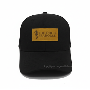 Custom 6-Panel Structured <b>Black</b> Baseball Cap Premium Sea-Inspired Leather Patch Plastic Snapback Closure Sporty Unisex - Product Image 1