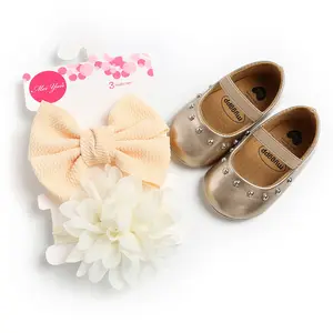 Sepatu Putri Datar Bayi Perempuan, Kasut Pesta Tunggal Lembut Retro dengan Bando Pita Besar untuk Orok Baru Lahir