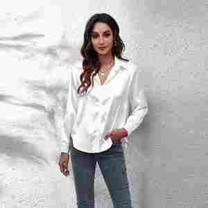 I-0711 Débardeur en satin tissé vintage décontracté pour femme, couleur unie, effet soie, manches longues – Meilleure vente - Product Image 5