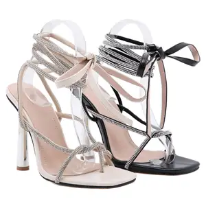 New Design Lace Up Heels Sandals For Women Square Toe Open Toe Thong Stiletto Heels Design