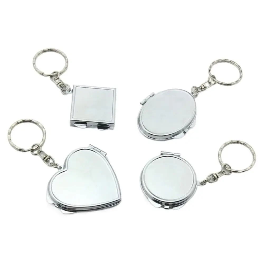 Espejo de bolsillo de viaje plegable portátil llavero Metal cuadrado elíptico espejo en forma de corazón Mini espejo de maquillaje con llavero