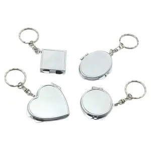 Gantungan kunci cermin saku perjalanan lipat portabel, gantungan kunci logam persegi bentuk hati elips cermin rias Mini dengan cincin kunci