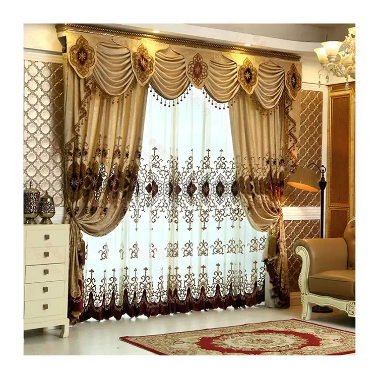 ready made embroidery window luxury European curtains for the living room with valance