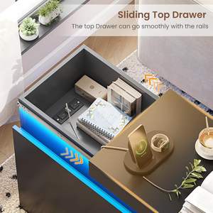 <strong>Black</strong> <strong>Narrow</strong> Side <strong>Table</strong> Sliding Top Storage Shelves and LED Lights End <strong>Table</strong> with Charging Station - Product Image 2