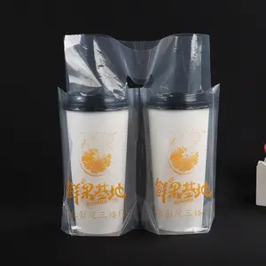 Disposable plastic hand carry bag custom logo plastic bags for bubble tea drinking milktea plastic bag two cups take away