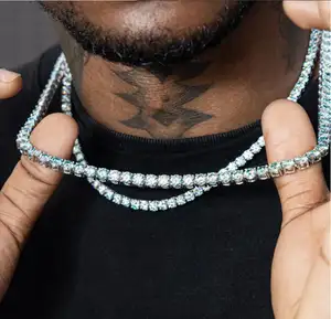 Mens hip hop jewelry 925 silver blue green moissanite tennis chain 3mm 4mm vvs diamond moissanite tennis necklace