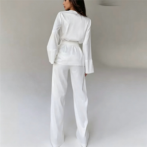 Ensemble de pyjama en satin de soie élégant pour femme, style robe longue à manches évasées et ceinture, coupe ample et jambe large, pour la détente, vente en gros en vrac, personnalisable - Product Image 5