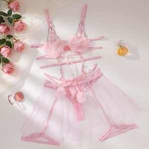 Nuevo conjunto de lencería para mujer con tiras de encaje de malla y detalles de terciopelo, conjunto de falda corta divertida - Product Image 6