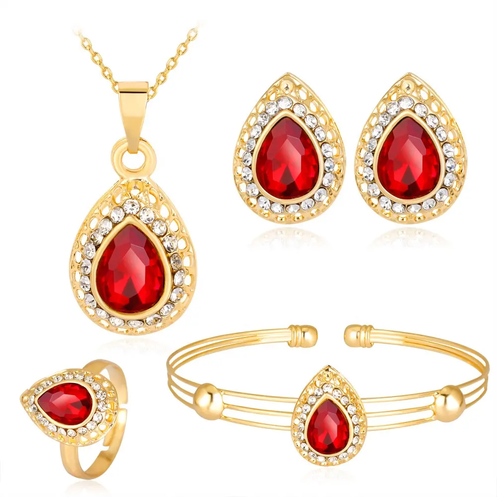 Exquisite Multicolor Water Drop Necklace Earrings Jewelry Four Piece Gold Plated Elegant Jewelry Set