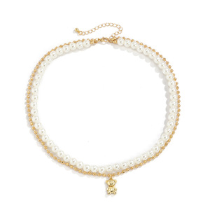 Collana Creativa a Doppio Strato <span class=keywords><strong>con</strong></span> Perle e Orsetto per Uomo, Semplice Girocollo <span class=keywords><strong>con</strong></span> Catena Intrecciata, Raffinata Collana Maschile da Regalo - Product Image 1