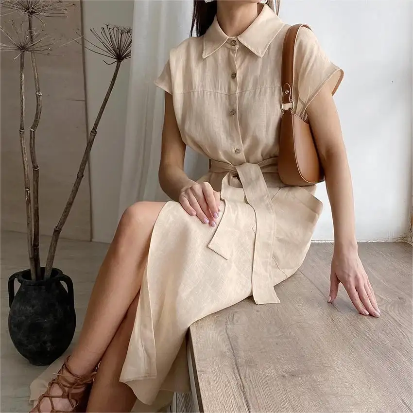 ODM Casual Pencil Short Sleeve Maxi Long Turn Down Collar Button Belt Empire Summer Solid Linen Cotton Blend Shirt Dresses Women