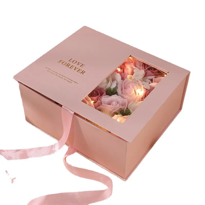 थोक डिजाइन लक्जरी खाली गुलाबी फूल बच्चे को उपहार बक्से कस्टम खिड़की उपहार कागज बॉक्स पैकेज गुलदस्ता गुलाब रंगीन बॉक्स पैकिंग