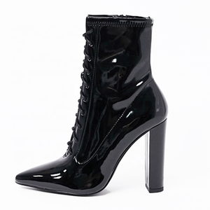 Front Lace up Mirror Upper Solid Pointed Toe Women <b>Ankle</b> Boots Fashion Side Zip Chunky Heel Short <b>Booties</b> Big Size 46 for Ladies - Product Image 2