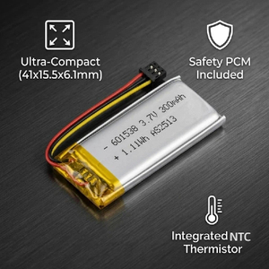 Batterie lithium-ion 3,7 V 300 mAh, type pochette, cellule polymère plate 601538 avec NTC et PCM pour contrôle d'accès intelligent - Product Image 1