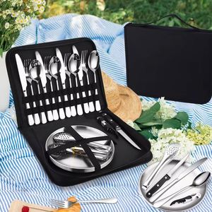 Juego de Cuchillos, Tenedores y Cucharas de Acero Inoxidable, 20 Piezas, Pinzas para Barbacoa, Plato para Cena, Cubertería Portátil para Acampar al Aire Libre - Product Image 3