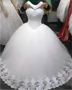 Prix usine A-ligne Robe De Mariée De Luxe Dentelle Strass Etage Longueur Sans Manches Broderie Robes De Mariée Robe De Novia - Product Image 1