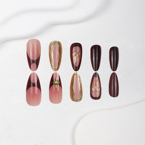 Lot de 24 <span class=keywords><strong>faux</strong></span> <span class=keywords><strong>ongles</strong></span> à presser en amande, rose <span class=keywords><strong>bordeaux</strong></span>, style French Manucure, avec breloques nœud et étoile dorées, réutilisables, pour femmes - Product Image 4
