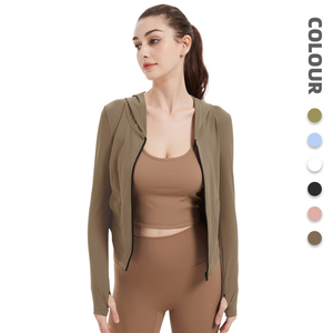 Women's Hooded Full Zip Crop High Elastic Hooded Crop <b>Jacket</b> Slim Fit Thumb Holes Breathable Yoga <b>Workout</b> Top With Pockets - Product Image 1