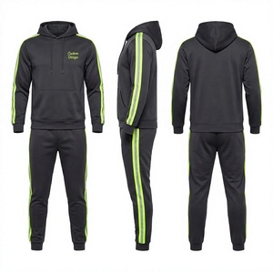 Men's Black <b>Neon</b> Green Stripe Hooded <b>Tracksuit</b> Full Sleeve Sporty Regular Fit Autumn Wear Polyester Joggers Set - Product Image 1