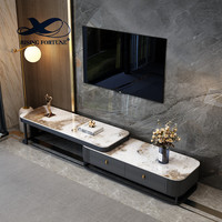 Table de canapé de salon moderne de luxe et support de télévision cadre en acier inoxydable doré avec comptoir en pierre artificielle frittée