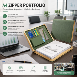 Portafolio de Cuero Sintético Premium A4 con Cierre, Carpeta con Anillas y Bolsillo de Malla para Teléfono en Verde para Reuniones de Negocios - Product Image 1