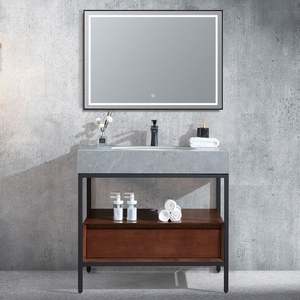 Meuble-lavabo de salle de bain avec pieds en laiton doré flottant bleu mat au design élégant et chic avec miroir LED éclairé - Product Image 6