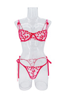 Ensemble de Lingerie Sexy en Dentelle Brodé Cœur et Nœud, Soutien-Gorge à Armatures en Maille Transparente et Culotte String à Nouer sur les Côtés pour Femme - Vente en Gros