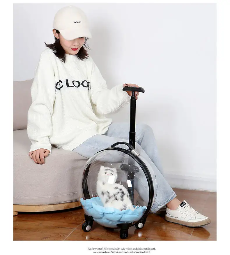 Transparent Capsule Pet Travel Trolley for Puppies Dogs Cat Carriers Bag with Trolley Wheel