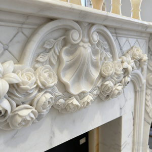 <span class=keywords><strong>Cheminée</strong></span> en marbre blanc sculpté à la main, motif floral rose en relief, taille personnalisée, <span class=keywords><strong>pierre</strong></span> naturelle durable, décoration de luxe pour la maison - Product Image 2