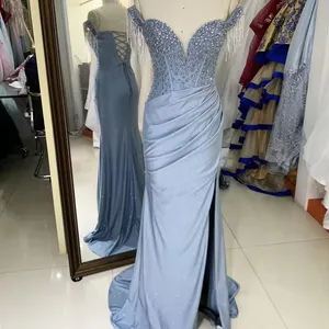 Bleu poussiéreux hors épaule corset strass brillant jersey sirène plissé à la main longue robe soirée robe de bal 2025