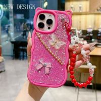 Coques de téléphone BAILI à la mode avec oreilles de chat mignonnes, bords ondulés colorés, papillon scintillant rose et chaîne pour ZTE A36/A54/A34/A56 Pro