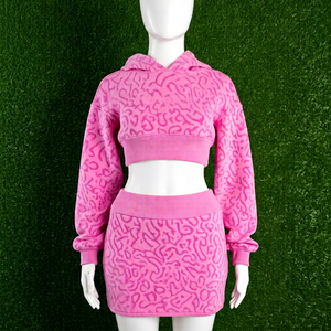 Pink Flock Print Crop Hoodie <b>Set</b> Women's Textured Full Sleeve Active Stretch Mini Skirt Outfit - Product Image 1