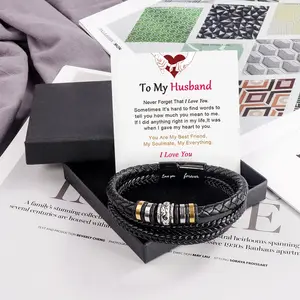 Moda Lettered Gift Set Pulseira Multi-camada Tecido Aço Inoxidável Pulseira De Cartão De Couro para Homens