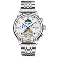 Montre mécanique automatique pour homme KINYUED, bracelet en acier inoxydable, phase de lune, date, tourbillon, étanche 3BAR