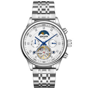 Montre mécanique automatique pour homme KINYUED, bracelet en acier inoxydable, phase de lune, date, tourbillon, étanche 3BAR - Product Image 1