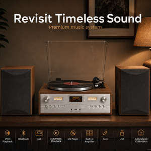 Tocadiscos Clásico Inspirado en un Fonógrafo, con Medidor VU Retro, Reproductor de Vinilo, CD <span class=keywords><strong>y</strong></span> Reproducción Automática Inalámbrica - Product Image 2