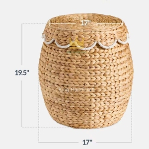 Panier de rangement en jacinthe d'eau avec couvercle, bord festonné, tressé, décoratif, pour jouets, linge sale, ou bac de rangement pour chambre d'enfant - Grande Vente - Product Image 3