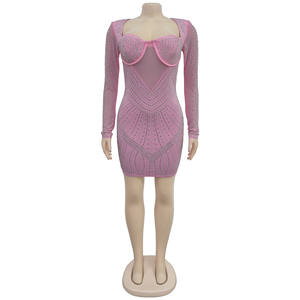 مثير-حجر الراين ضئيلة طويلة الأكمام عارية الذراعين الجوف من اللباس التألق الحفر ثوب الحزب النساء ليلة النادي مساء اللباس - Product Image 5