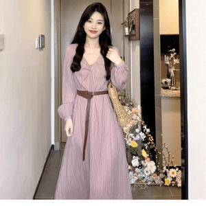 French Style V Neck Long Sleeve Empire Waist Dress Raspberry Pink Casual Vacation Wear - Product Image 1