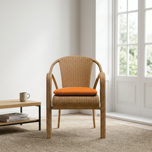 Chaise de jardin contemporaine en rotin avec coussin orange et pieds coniques, mobilier d'extérieur - Product Image 1