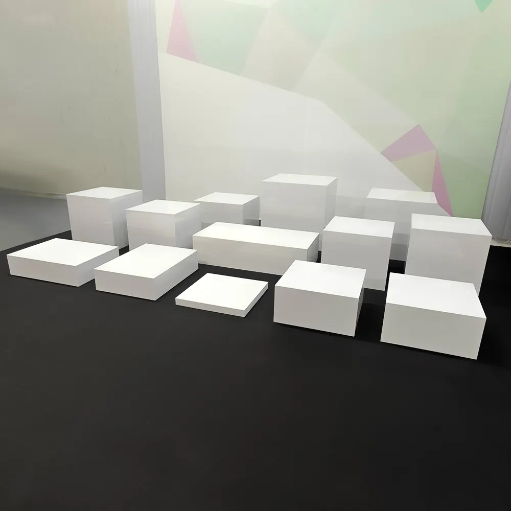 Foshan Languo Branco Buffet Acrílico mesa Riser Cube Display Nesting Risers Lucite Praça Food Pedestal Box Display