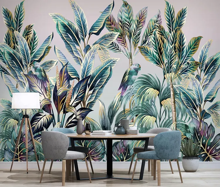 Hand painted fresh forest kitchen wallpaper waterproof animal bird tropical plant coconut tree 3d wallpaper