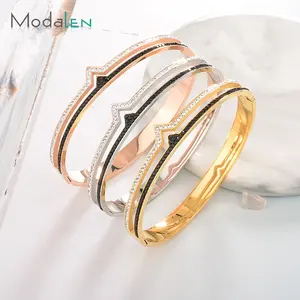 Modalen Hand Fine Jewelry Steel Micro Pave Natural Stone Hot Sell Gold Plated Fashion Metal Bangle