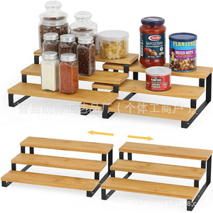 Wooden tiered spice rack, extendable <b>desktop</b> <b>shelf</b>, kitchen and bathroom metal storage rack - Product Image 4